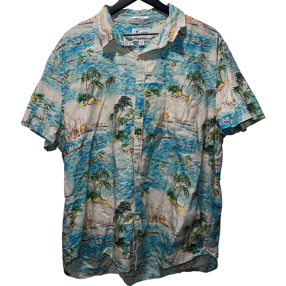 Lucky Brand‎ Mens XL Linen Blend Classic Fit Palm Tree Hawaiian Shirt